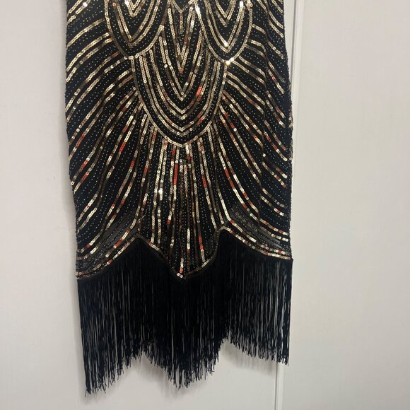 Flapper Costume Black Gold Sequins 1920s Set Size Medium - Picture 5 of 8